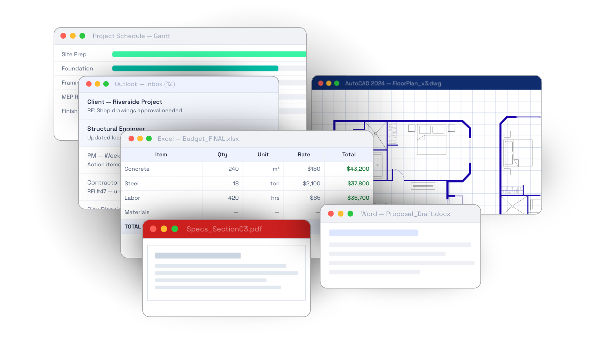 The reality of manual AEC work — Gantt charts, PDFs, Excel budgets, AutoCAD plans, emails, and Word docs scattered across screens.